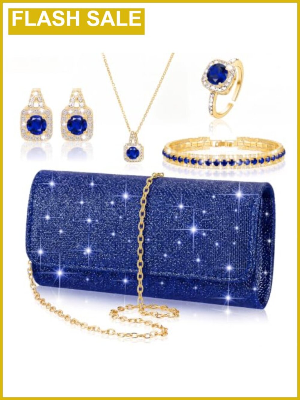 5 Piece Rhinestone Jewelry Set with Clutch Purse for Women Wedding Bridal Gift